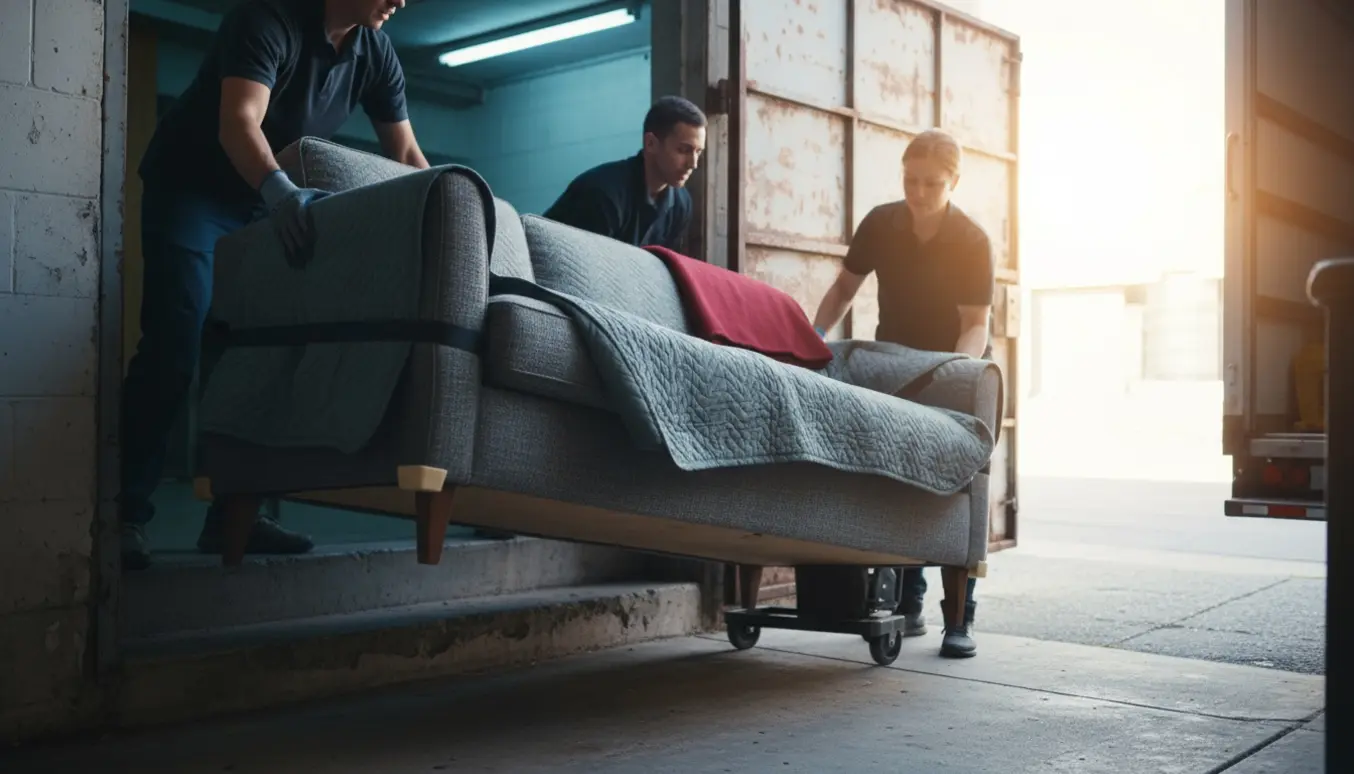 To hjælpere bærer en 3-personers sofa fra et kælderrum op ad trappen og ud til fortovets kantsten.