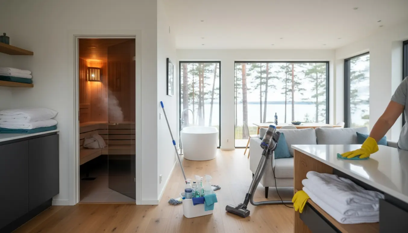 Moderne sommerhusinteriør under rengøring med rengøringsudstyr, badekar og åben sauna.