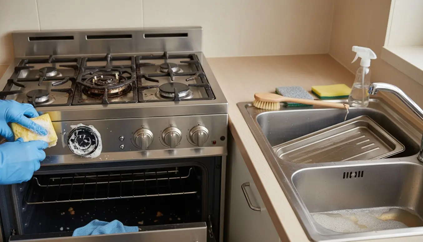 Rengøring af en åben ovn og fire gasblus med handsker og ovnplader i varmt sæbevand.