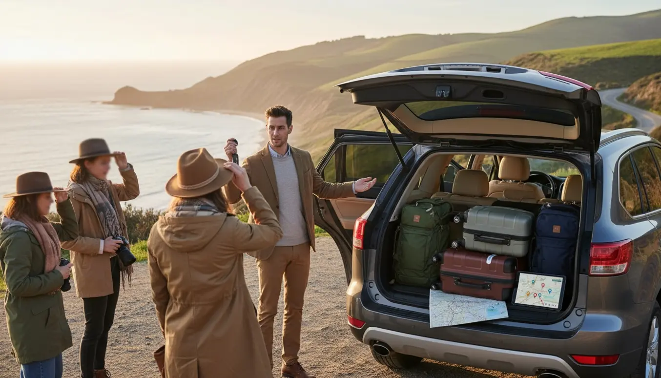 En chauffør ved en åben SUV med fem kufferter ved en kystvej klar til en flerdages tur.
