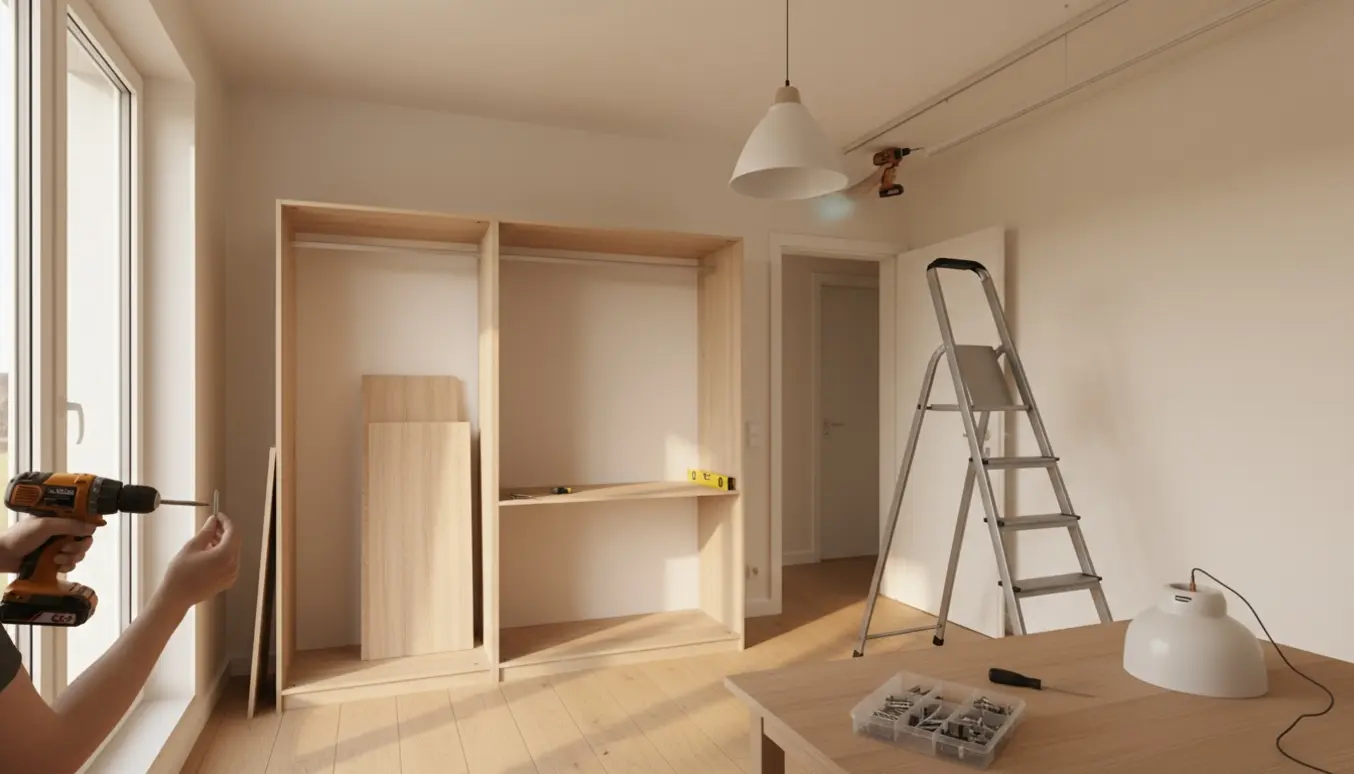 Halvfærdigt garderobeskab og værktøj i et lyst soveværelse klar til montering af gardin- og lampeophæng.