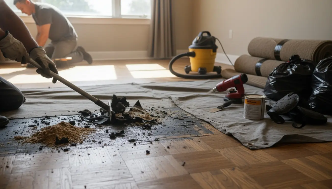 Fjernelse af limet gummi fra et gammelt gulvtæppe i en lys stue, så træparket forberedes til slibning.