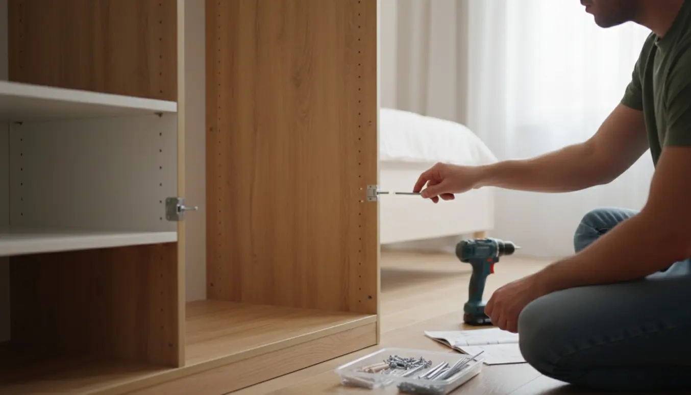 Delvist samlet tøjskab i et lyst soveværelse med værktøj og hænder, der monterer en hylde.