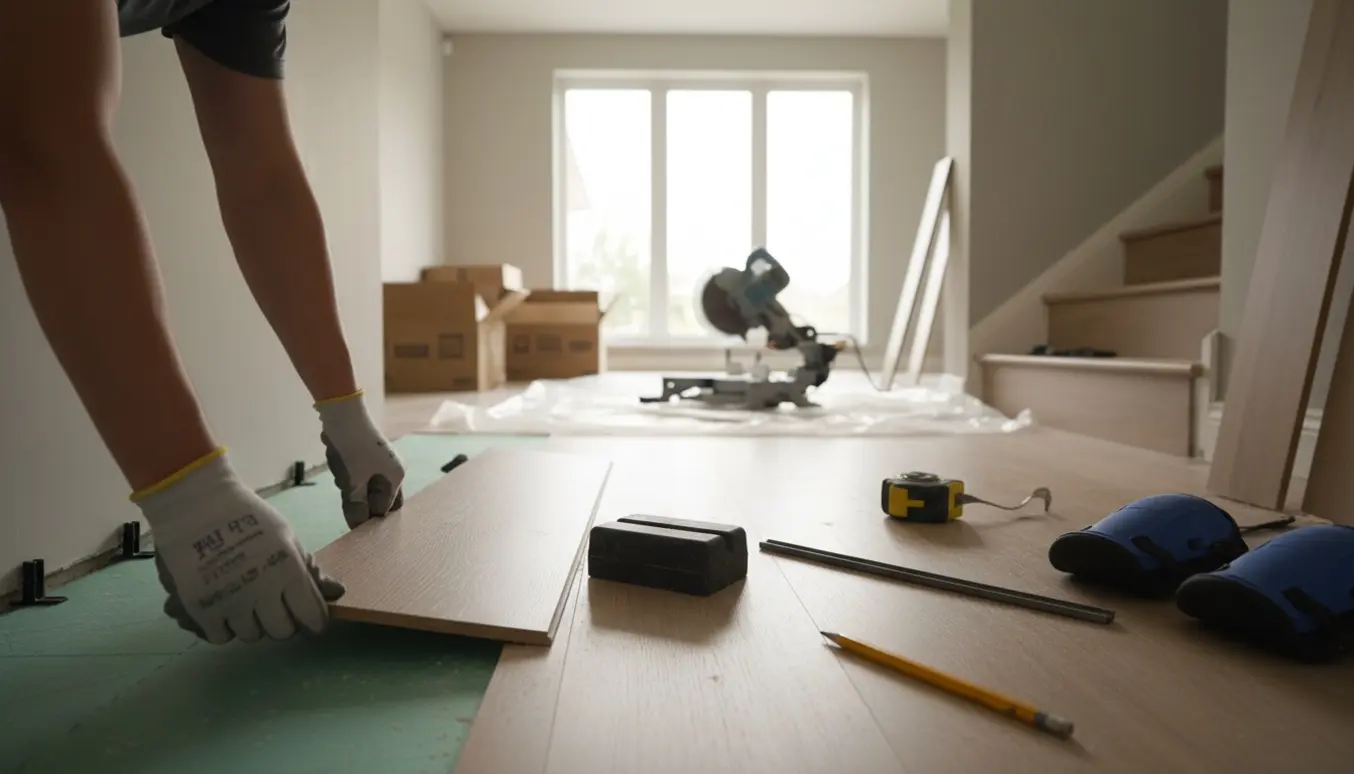 Hænder lægger lyst laminatgulv fra et arbejdsværelse, ned af en trappe og ind i entréen med værktøj og materialer ved siden.