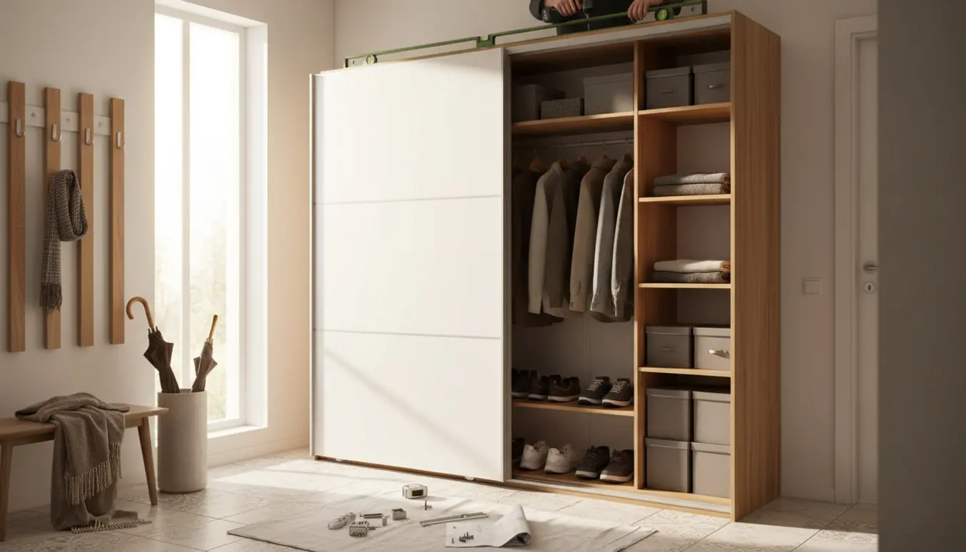 Skydedørsskab i en lys entré under montering med værktøj og åbne hylder.
