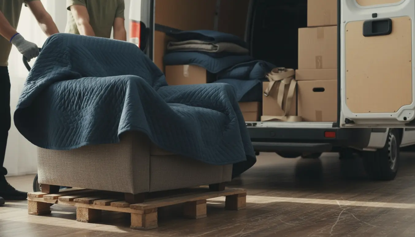 Hvilestol pakket på dolly og læsset ind i en flyttevogn ved stueplan, hjælpere med ryggen til.