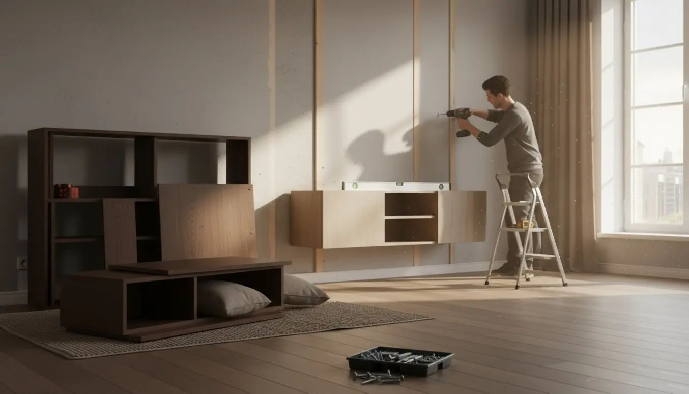 Nyt TV-møbel hænges op på væggen i en stue, mens det gamle møbel står ryddet til side og værktøj ligger klar.