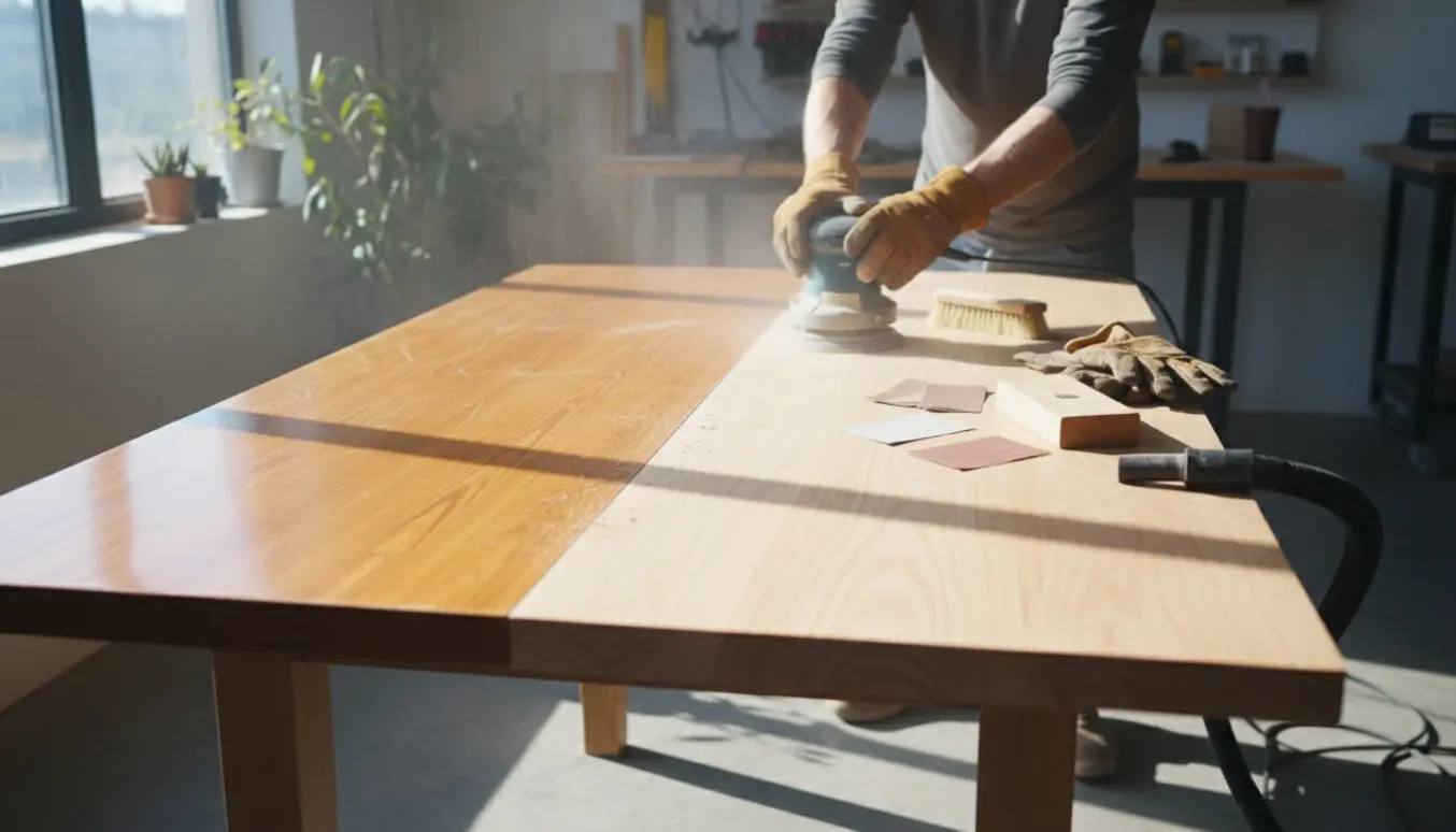 Massivt spisebord slibes med excentersliber, hvor halvdelen er slebet ned til synlig træåre i et lyst værksted.