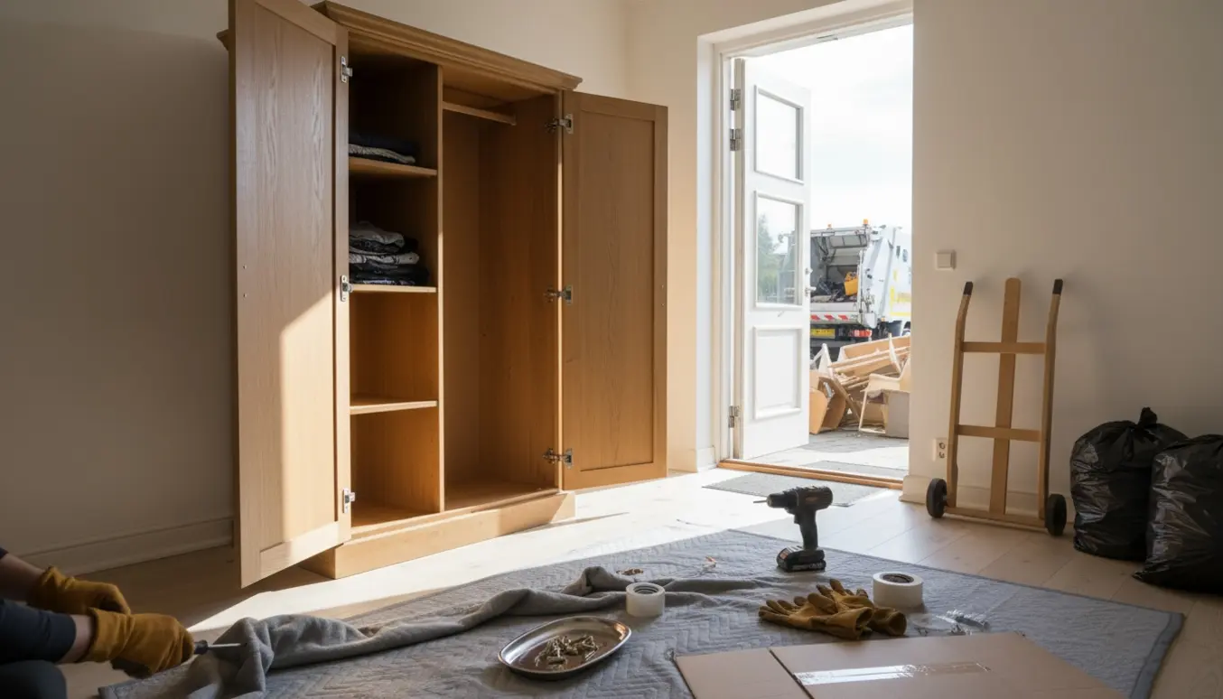 Delvist adskilt tredørs tøjkommode i en lys opgang med værktøj og sække klar til stor skrald.