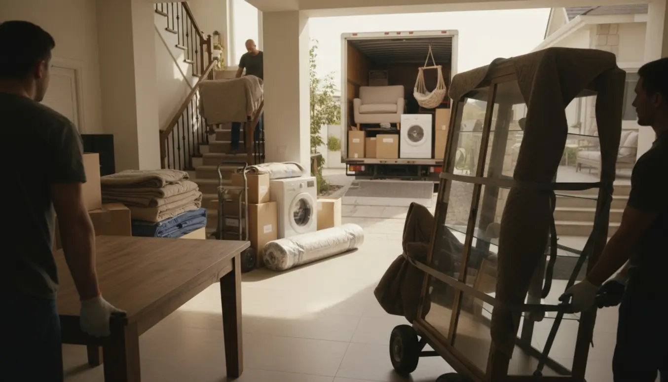 Flyttefolk løfter møbler og pakker ud ved en indgang med flyttebil i baggrunden.