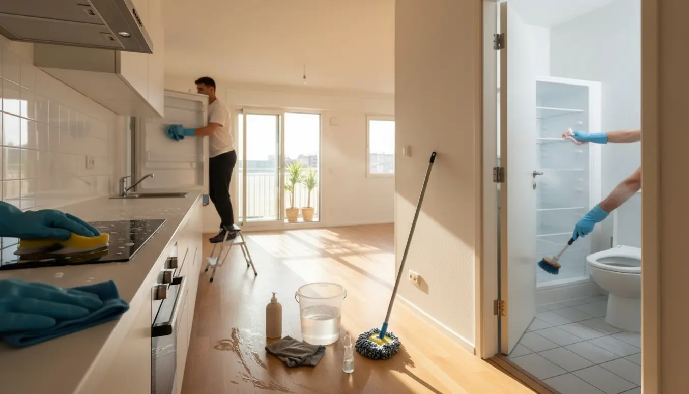 Solbeskinnet lejlighed under flytterengøring med handsker, mop og rengøringsredskaber i fokus.