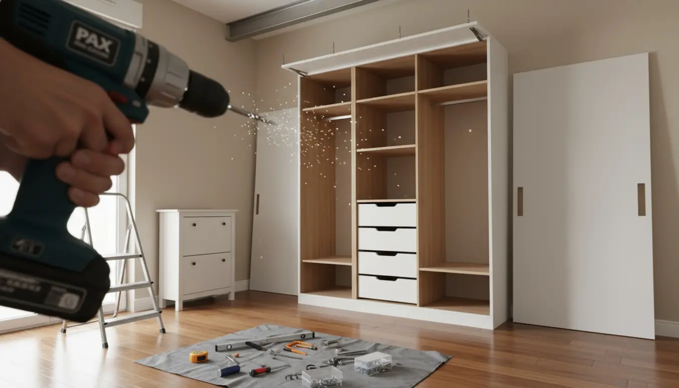 Næsten færdigsamlet PAX-garderobe med hylder, skuffer og en hånd, der borer gennem armeret jern til montering af en loftslampe.