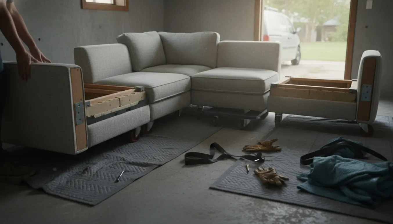 Modulsofa i et kælderrum adskilt i fire sektioner, klar til afhentning på genbrugspladsen.