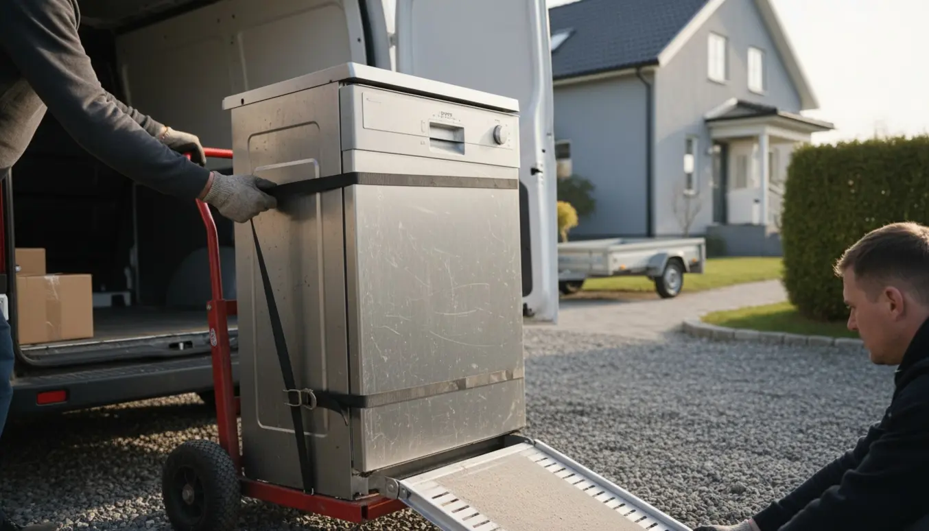 En sækkevogn læsser en brugt opvaskemaskine ind i en varevogn på en indkørsel ved et parcelhus.