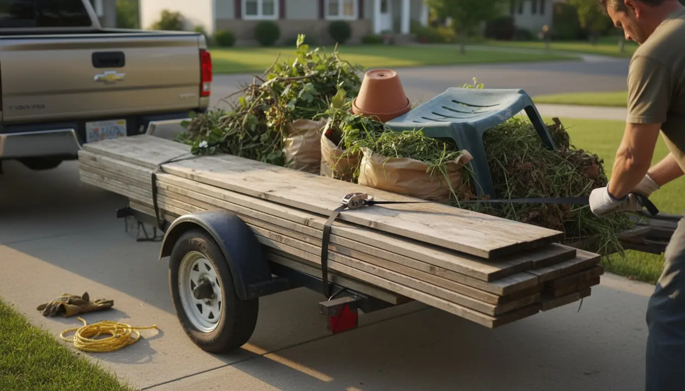 Lastet trailer med lange terrassebrædder og haveaffald i indkørsel, klar til at blive kørt væk.