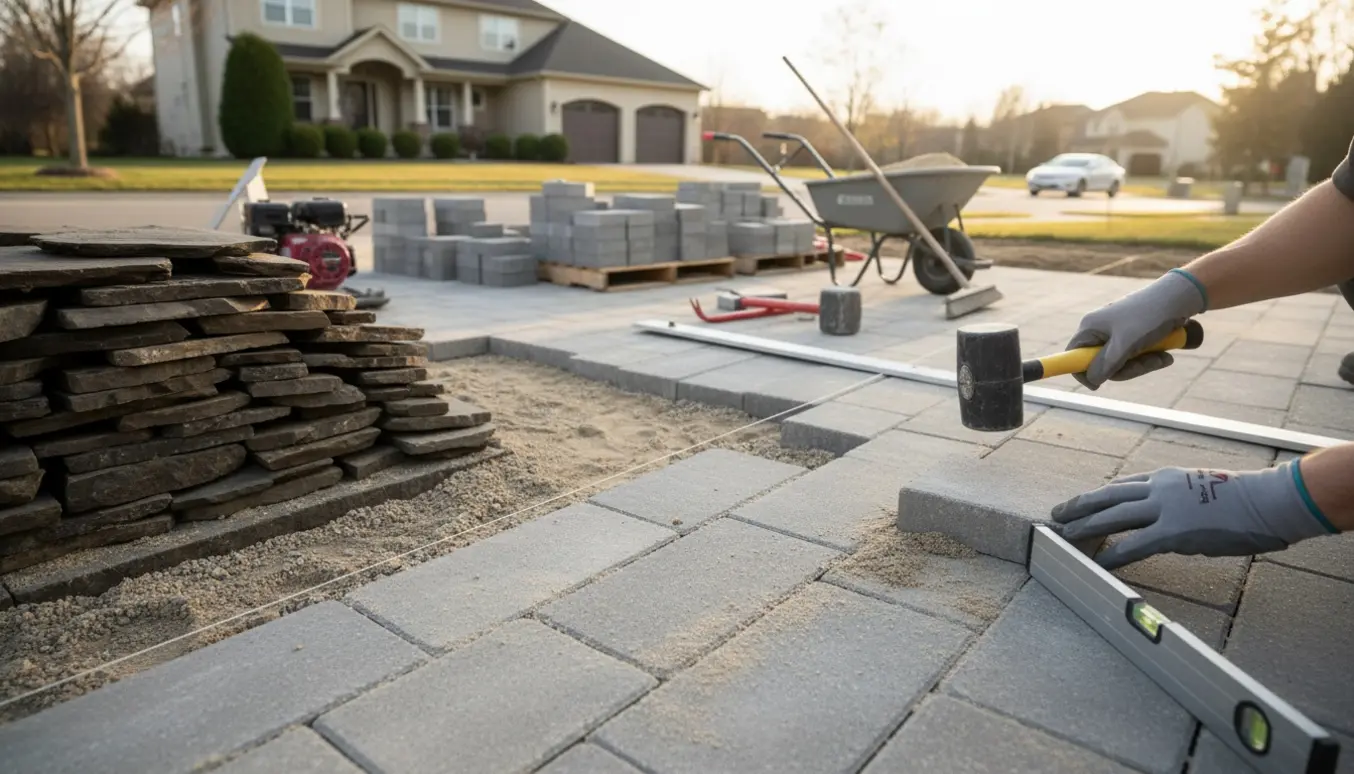 Nye fliser lægges på indkørsel efter gamle fliser er fjernet, omgivet af værktøj og materialer.