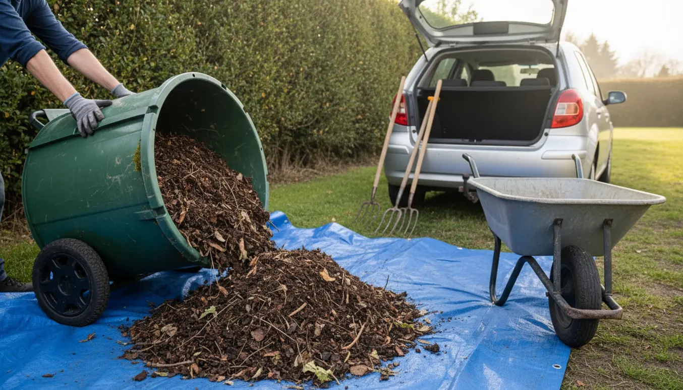 En kompostbeholder tømmes for tungt haveaffald på en presenning ved siden af en trillebør og en åben bil, med en hæk tæt ved.