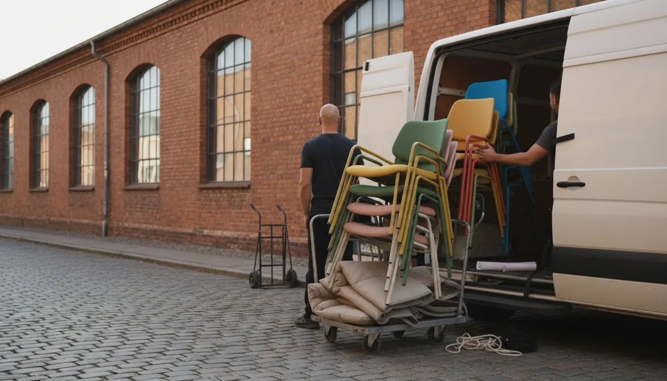 Åben varebil ved murstensbygning, 12 moderne stole på flyttevogn bliver lastet af folk uden synlige ansigter.