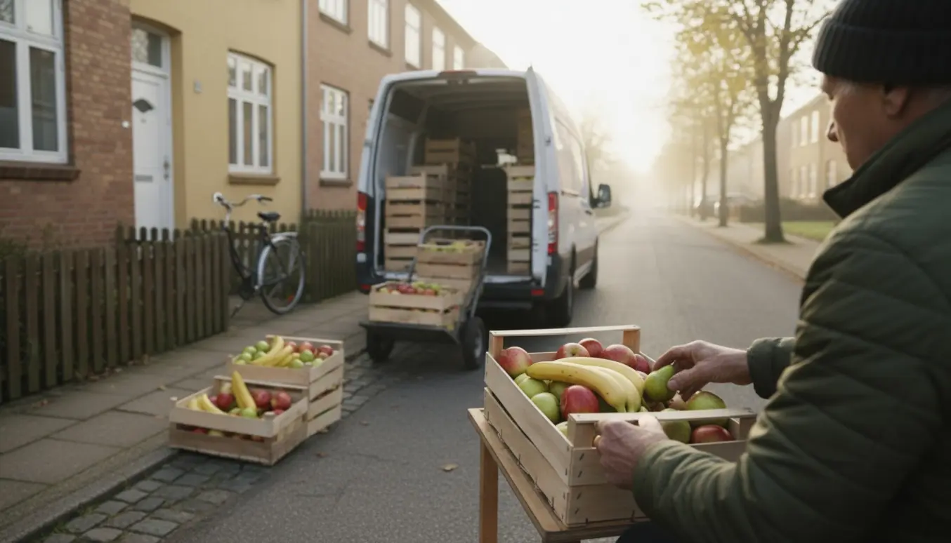Afløser læsser og sorterer frugtkasser fra en kassevogn på en tidlig morgen i Storkøbenhavn.