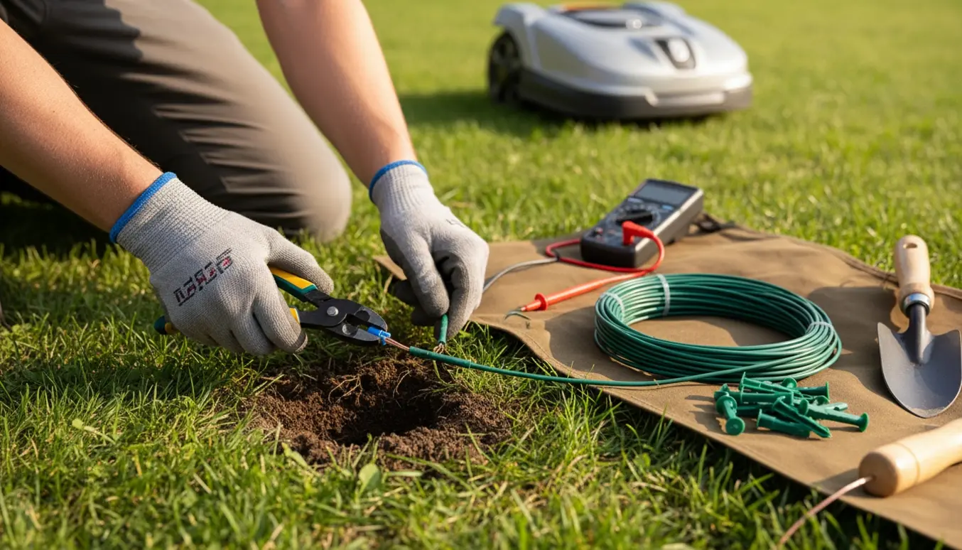 Hænder i arbejdshandsker reparerer et udgravet afgrænsningskabel til en robotplæneklipper med multimeter, reservetråd og pløkker på græsset.