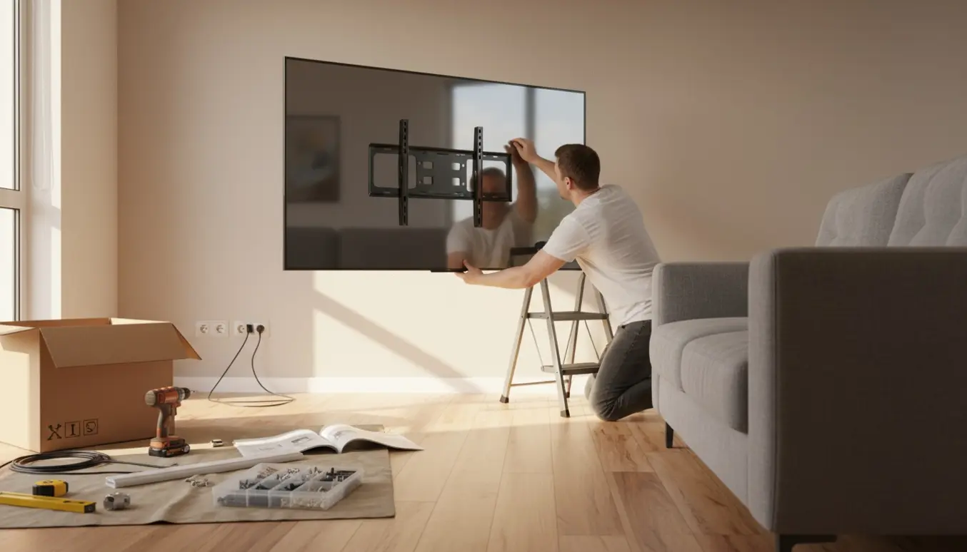 To personer hænger et 65 tommer fladskærms-TV op på en væg i en lys stue.