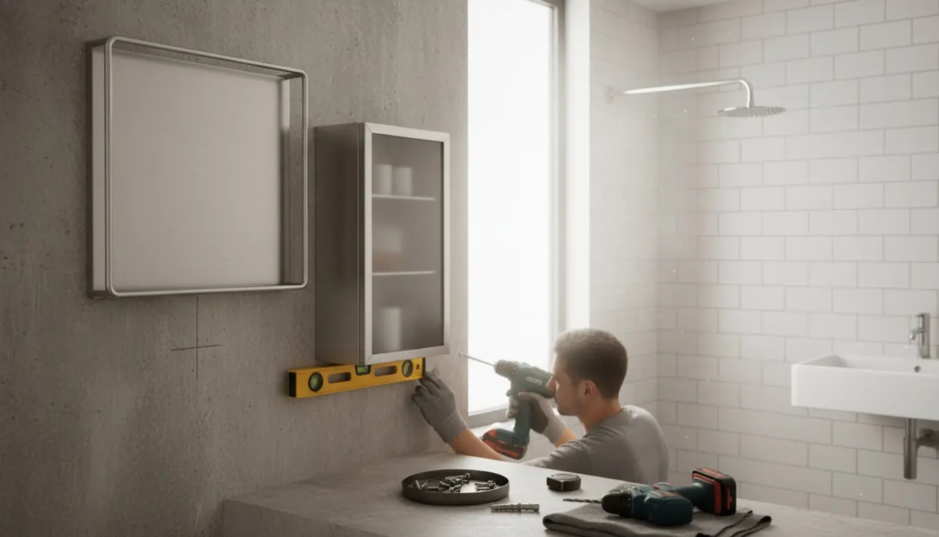 Håndværker monterer tallerkenrække og lille skab på betonvæg i badeværelse, mens en L-formet brusestang klargøres til montering.