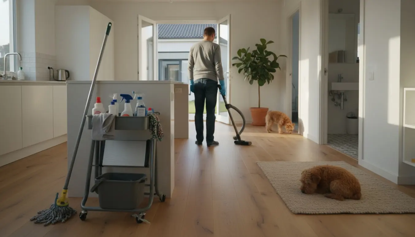En rengøringsperson støvsuger et lyst, rummeligt hus med rengøringsudstyr og to små hunde i baggrunden.