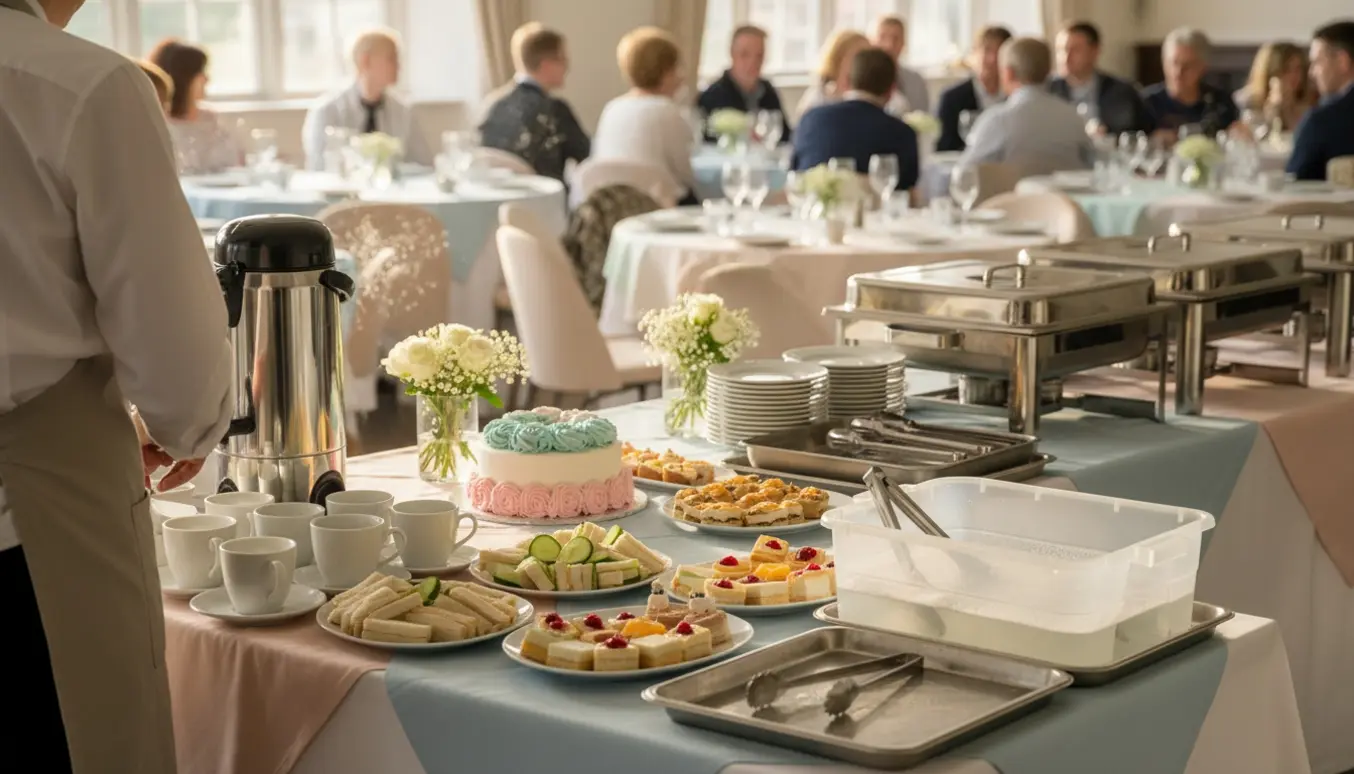 Serveringshjælp i forklæde hælder kaffe og anretter catering ved en buffet til en barnedåb.