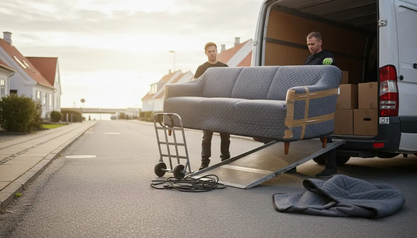 En tæppeindpakket trepersoners sofa løftes ind i en åben flyttebil på en stille dansk gade ved kysten.