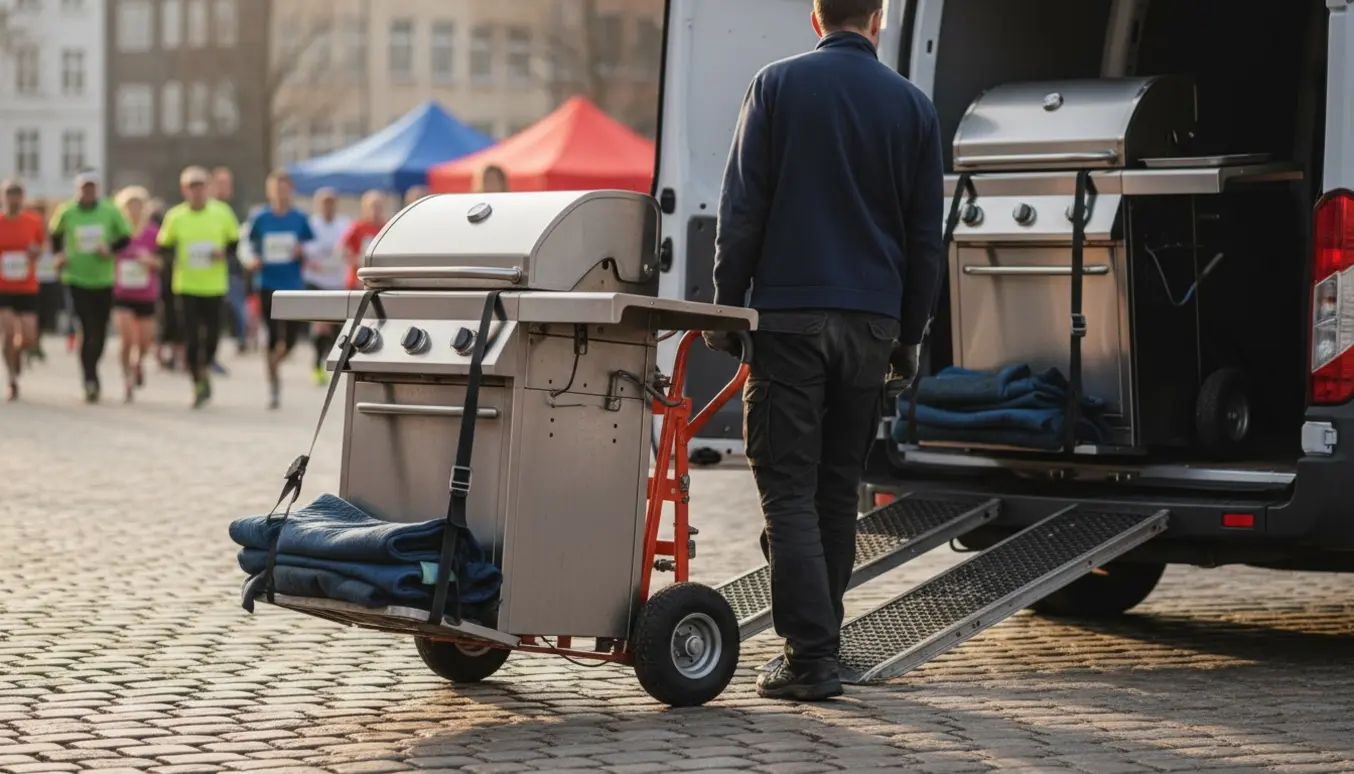 To gasgrill på en dolly læsses i en varevogn foran en løbsbegivenhed i København, uden synlige ansigter.