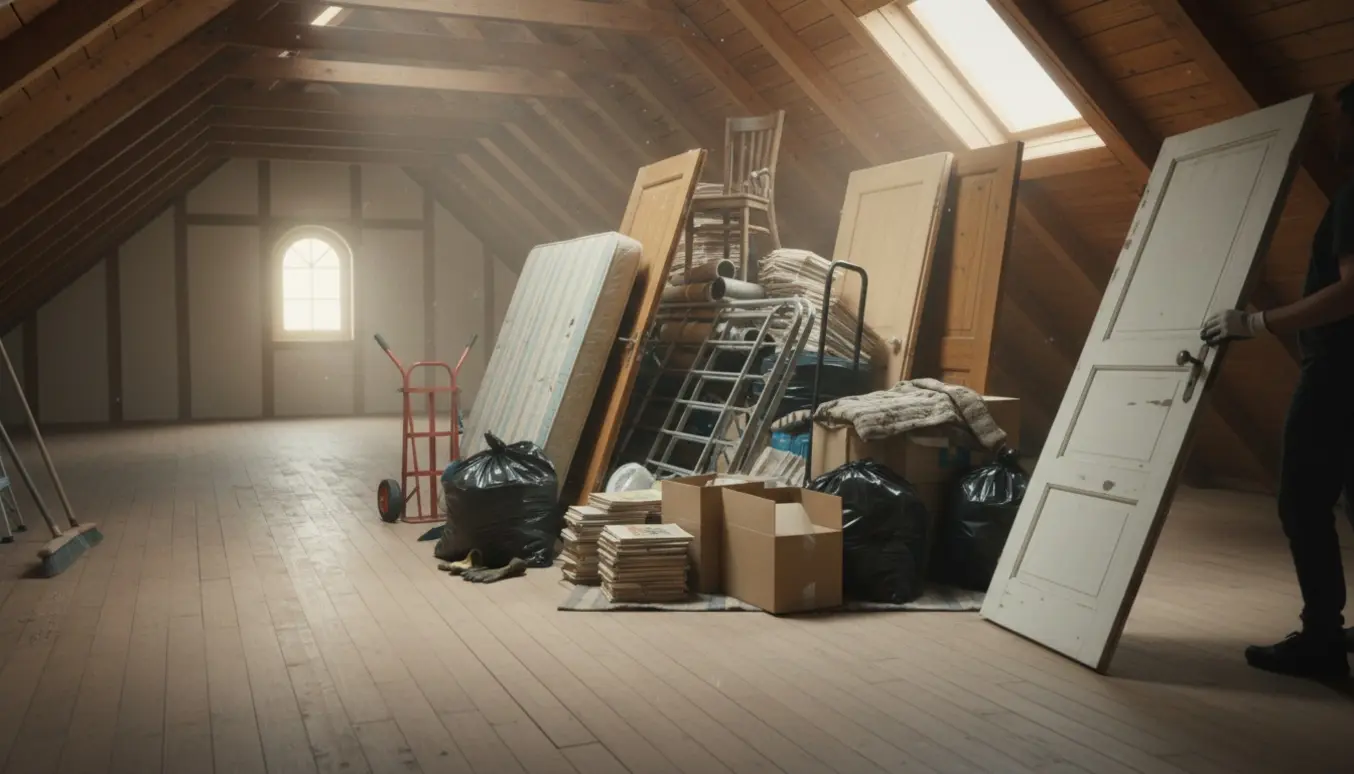 Solbelyst loft under oprydning med stakke af møbler, døre, metaldele og poser klar til bortskafning.