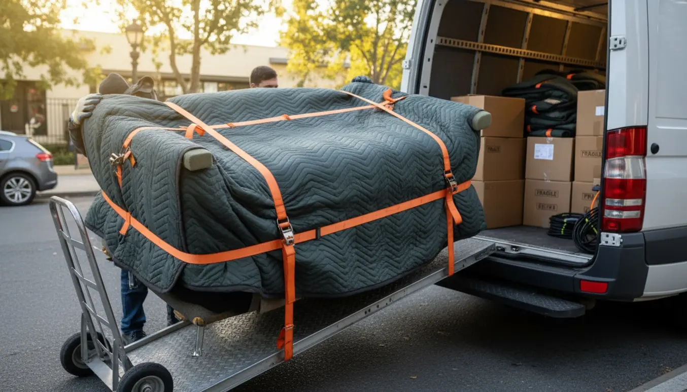 Indpakket daybed læsses ind i en varevogn på en rolig, træfyldt bygade.