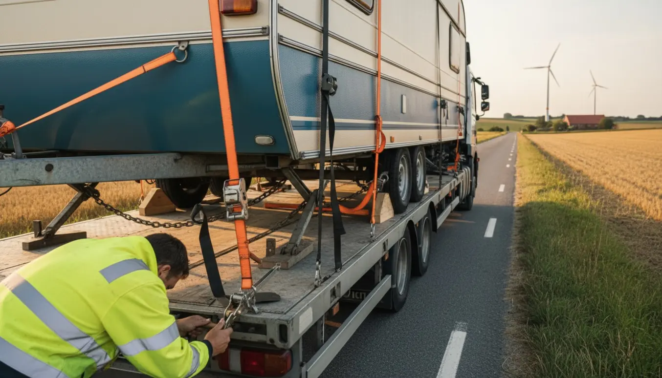 Campingvogn fastspændt på en flatbed-lastbil ved en jysk landevej i gyldent lys.
