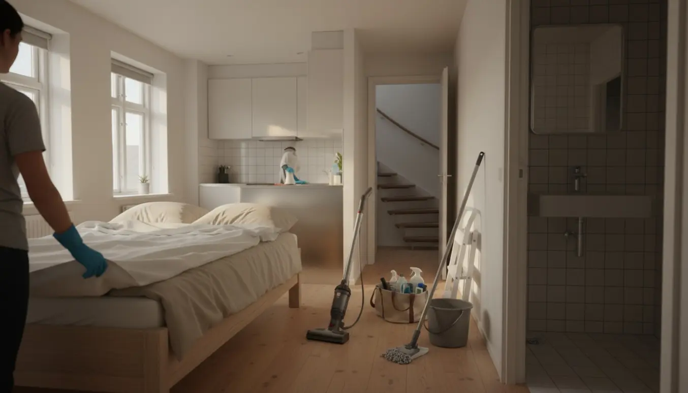Lys 50 kvm lejlighed med rengøringsudstyr, person der skifter sengetøj og et rent badeværelse.