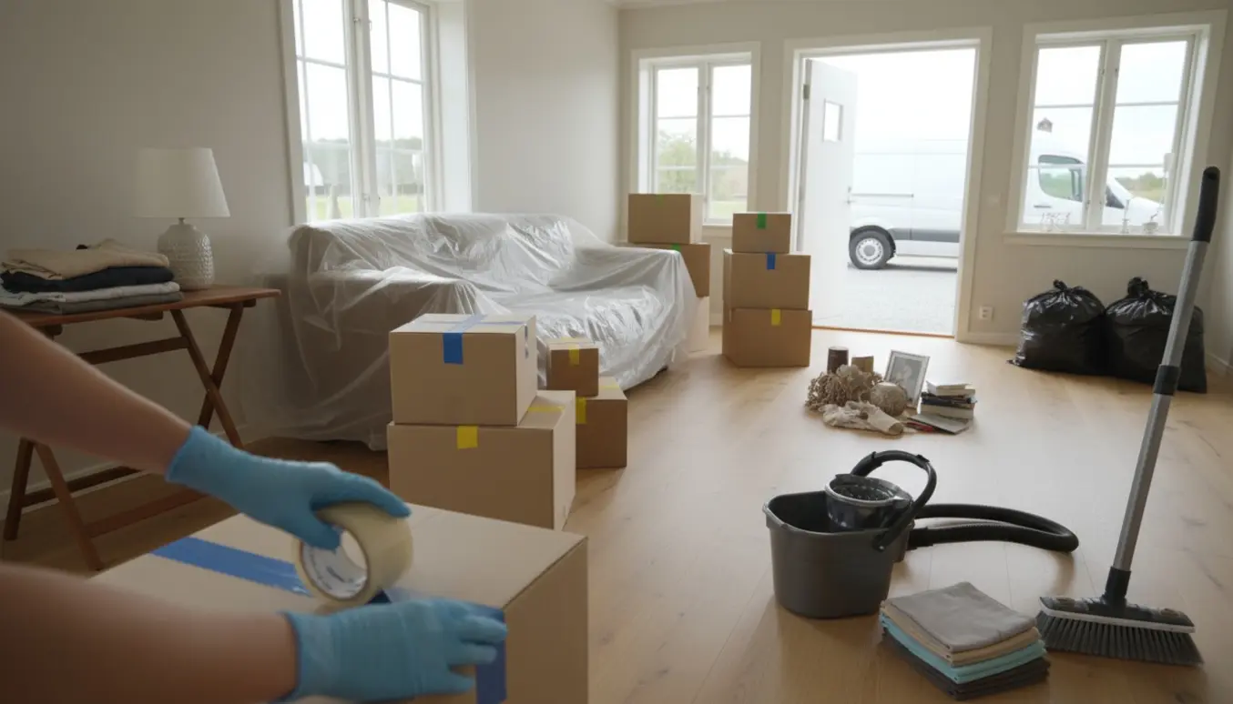 Delvist tømt stue med flyttekasser, rengøringsudstyr og en åben flyttebil uden for huset.