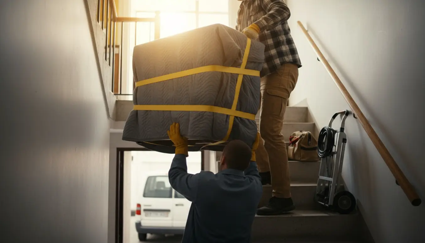 To personer bærer en indpakket kommode op ad en trappe mod anden sal, uden synlige ansigter.