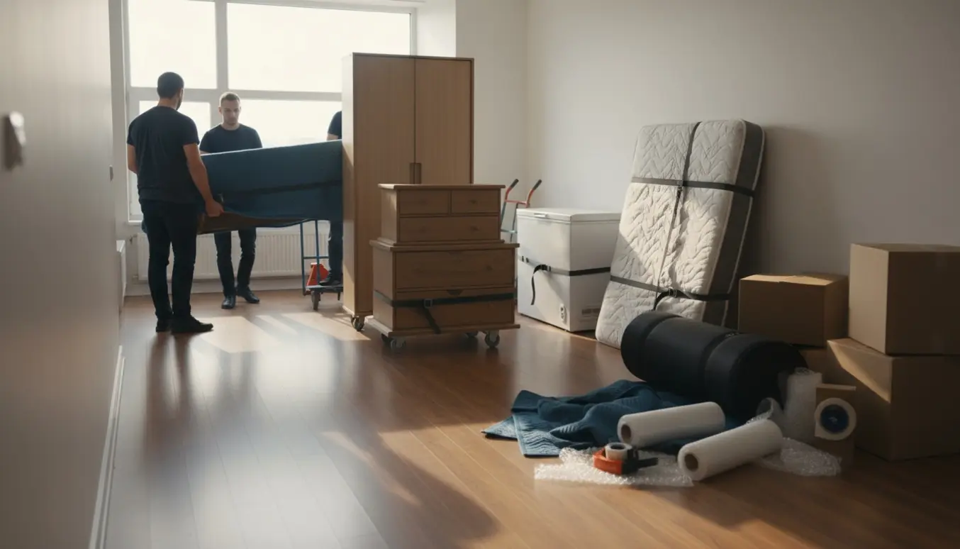 Flyttefolk bærer pakket spisebord, en IKEA-reol med døre, kommoder, madras og en kummefryser i en lys opgang.