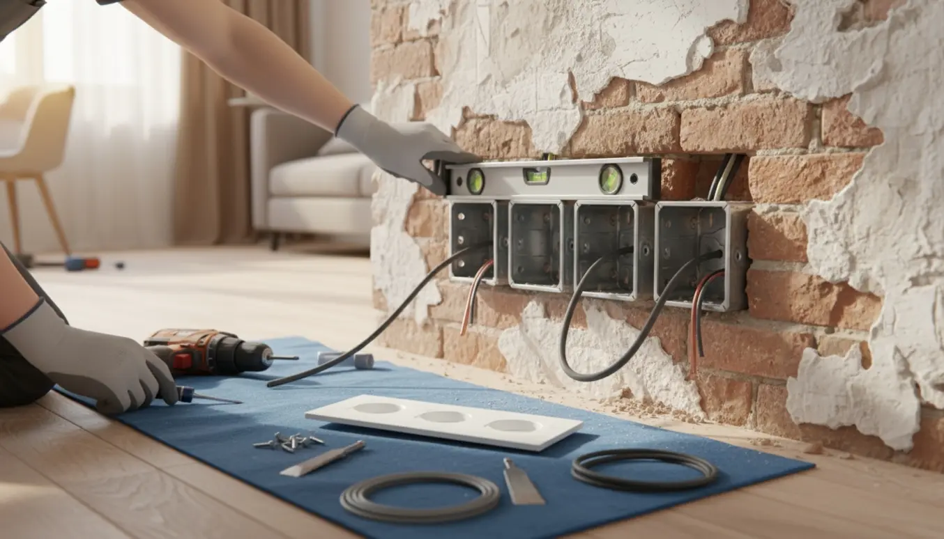 Nærbillede af fræset murhul hvor en elektriker monterer tre el‑stik i træk med værktøj og materialer klart.