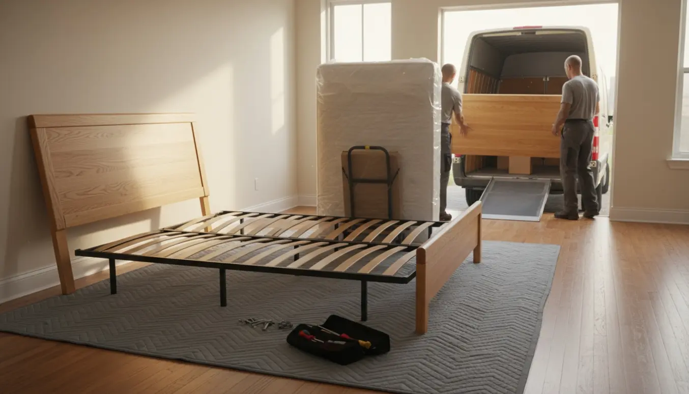 Adskilt dobbeltseng med ramme, hovedgærde og indpakket madras klar til flytning i en lys lejlighed.