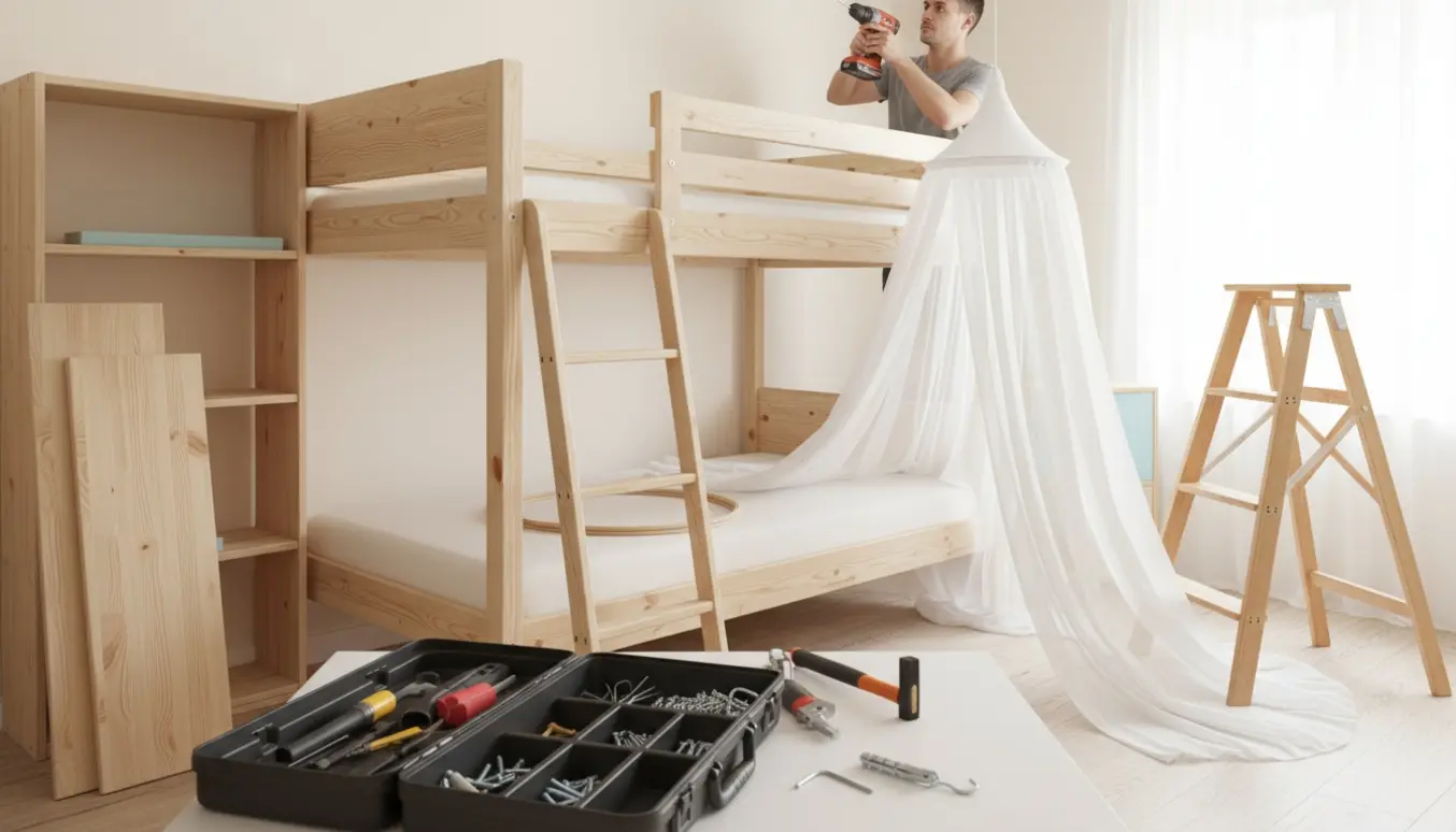 Delvist samlet køjeseng og reol med værktøj, loftlampe under montering og himmelstof klar uden kroge.