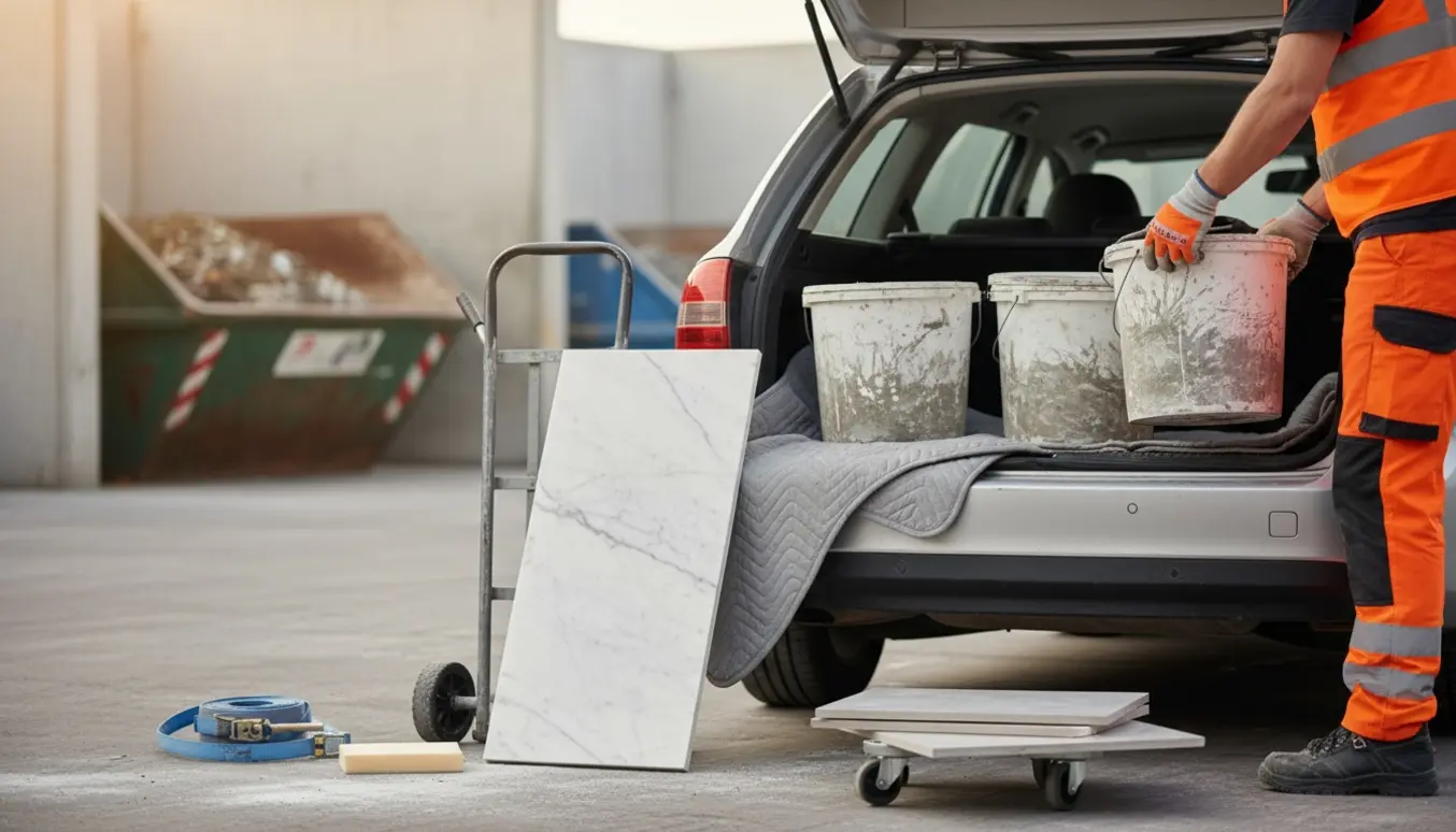 Tre spande cementpuds, en marmorplade og to gulvfliser læsses i en bil ved en genbrugsstation.