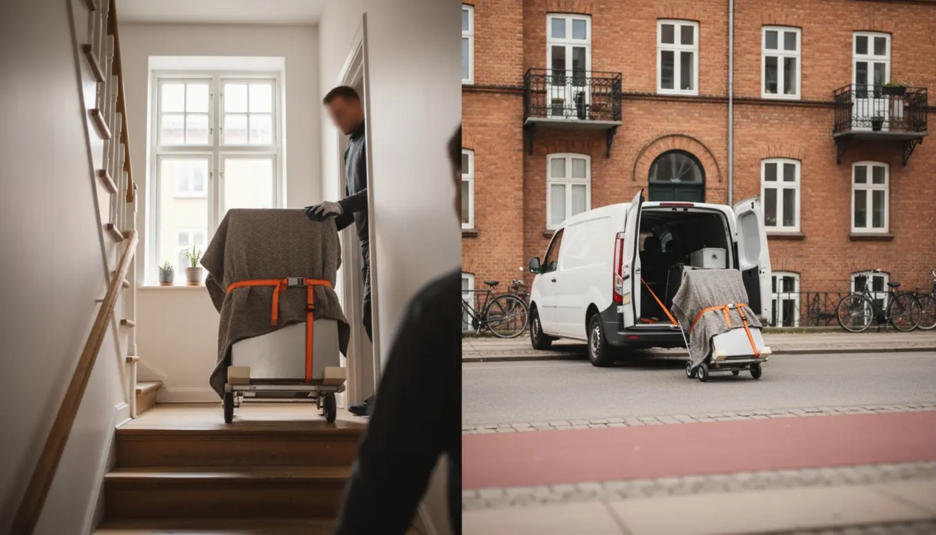 Et mindre køleskab pakket i flyttetæppe bæres ned ad en trappe og læsses i en kassevogn på en københavnsk gade.