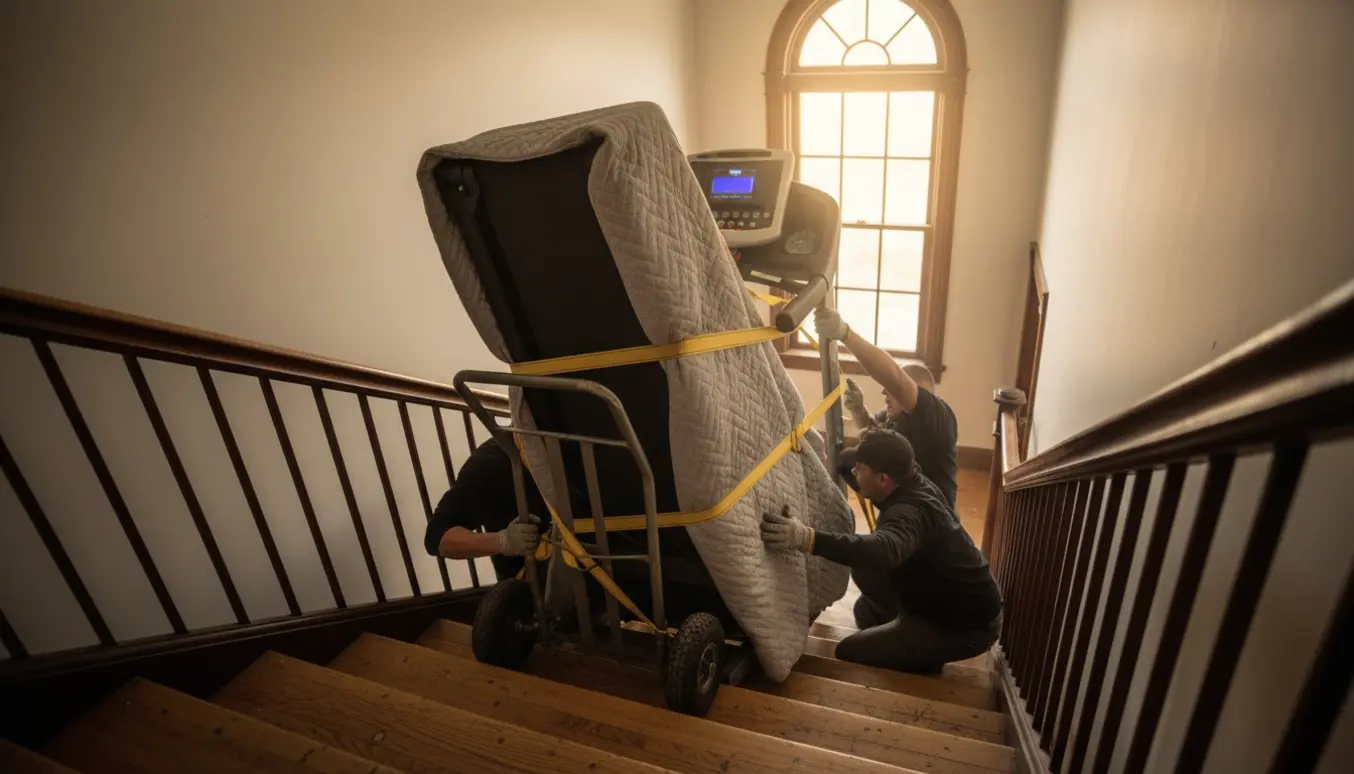 Et tungt løbebånd bæres op ad en smal trappe af flyttefolk med dolly, seler og beskyttelsesbetræk.