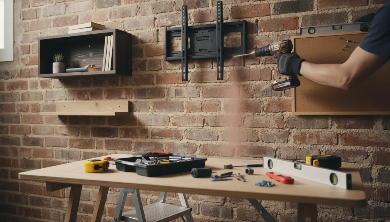 Hænder monterer TV-bracket, hylder og opslagstavle på en murstensvæg med boremaskine og rawlplugs.