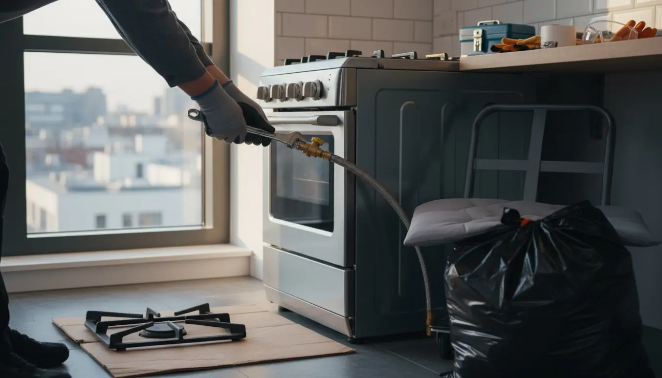 Tekniker fjerner gaskomfur i lejlighedskøkken med værktøj og gasforbindelse synlig.