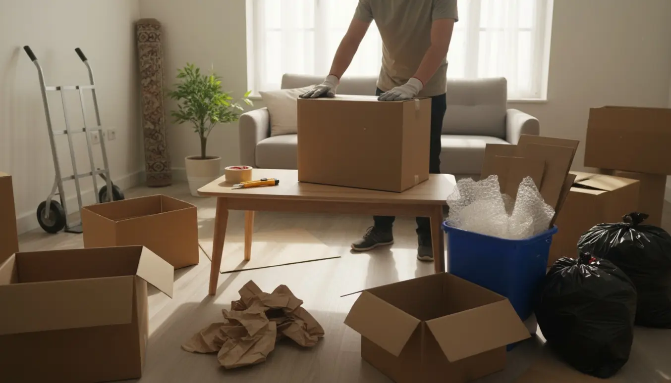 Gloved hænder klapper tomme flyttekasser sammen i en lys stue klar til bortskaffelse.