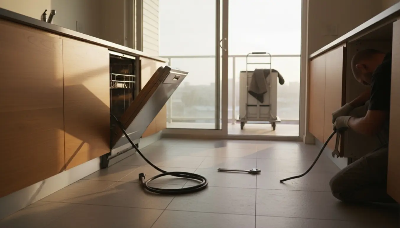 Delvist udtrukket opvaskemaskine i køkken med værktøj og midlertidig placering på altanen.