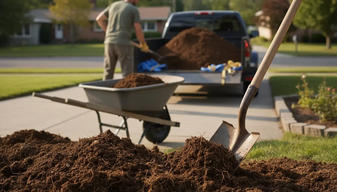 En stor bunke havejord bliver skovlet op i en åben trailer på en indkørsel klar til bortkørsel.