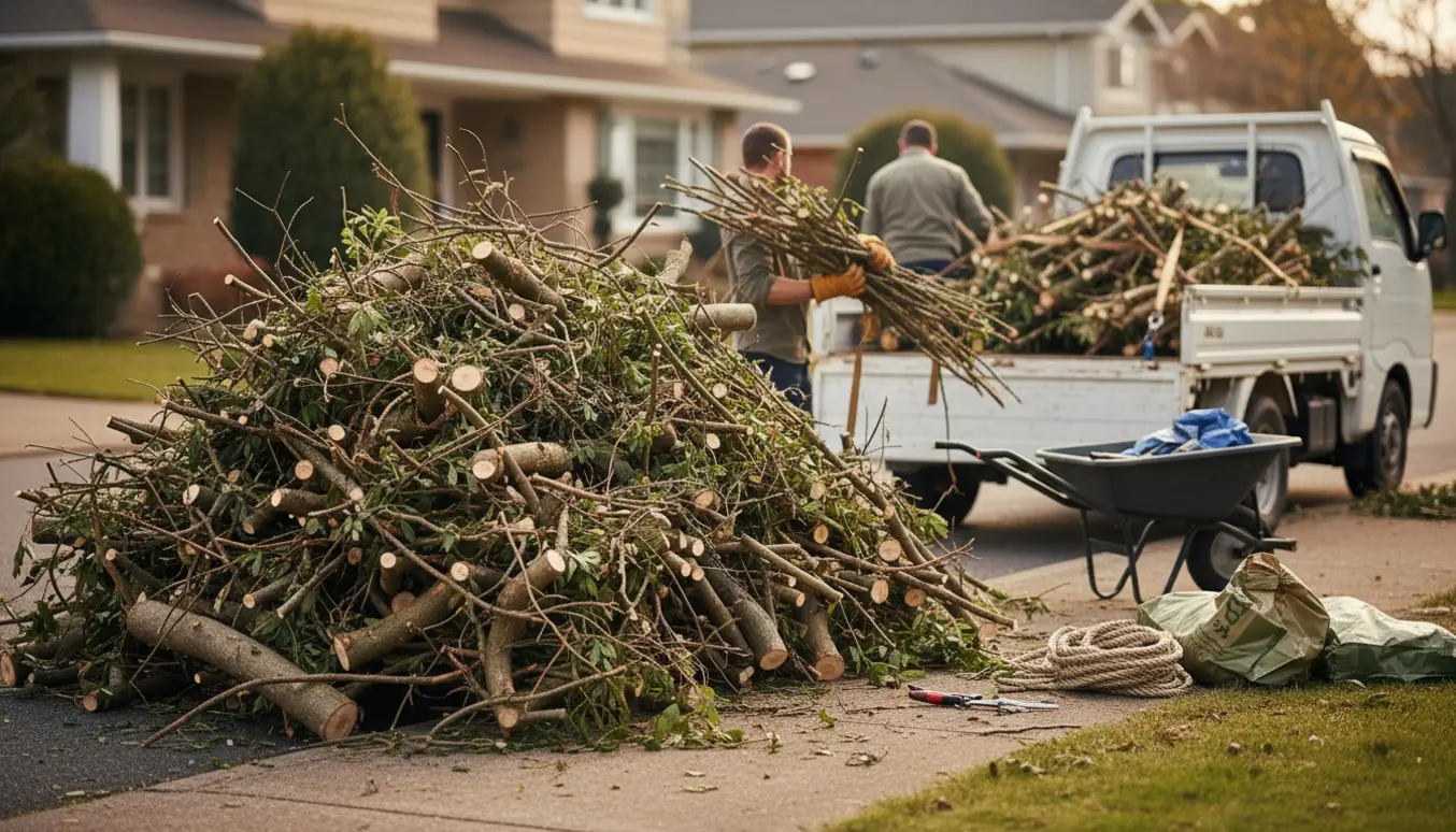 Stor bunke beskårne grene foran en ejendom med handsker, værktøj og en ladbil klar til afhentning.