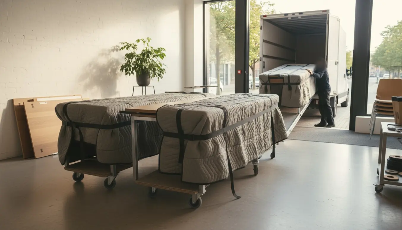 To tunge kontorborde på vogne og tæpper transporteres ud af et lyst kontor mod en ventende flyttebil.